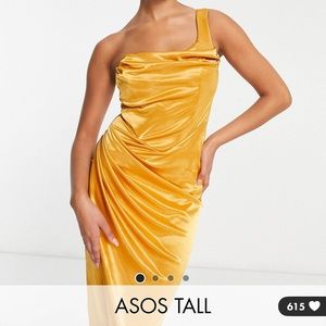 ASOS Tall One Shoulder Corset Satin Gold Midi Dress